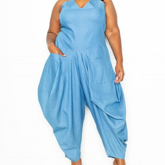 Halter Neck Denim Harem Jumpsuit