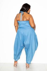 Halter Neck Denim Harem Jumpsuit