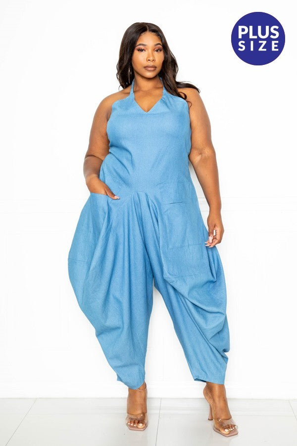 Halter Neck Denim Harem Jumpsuit