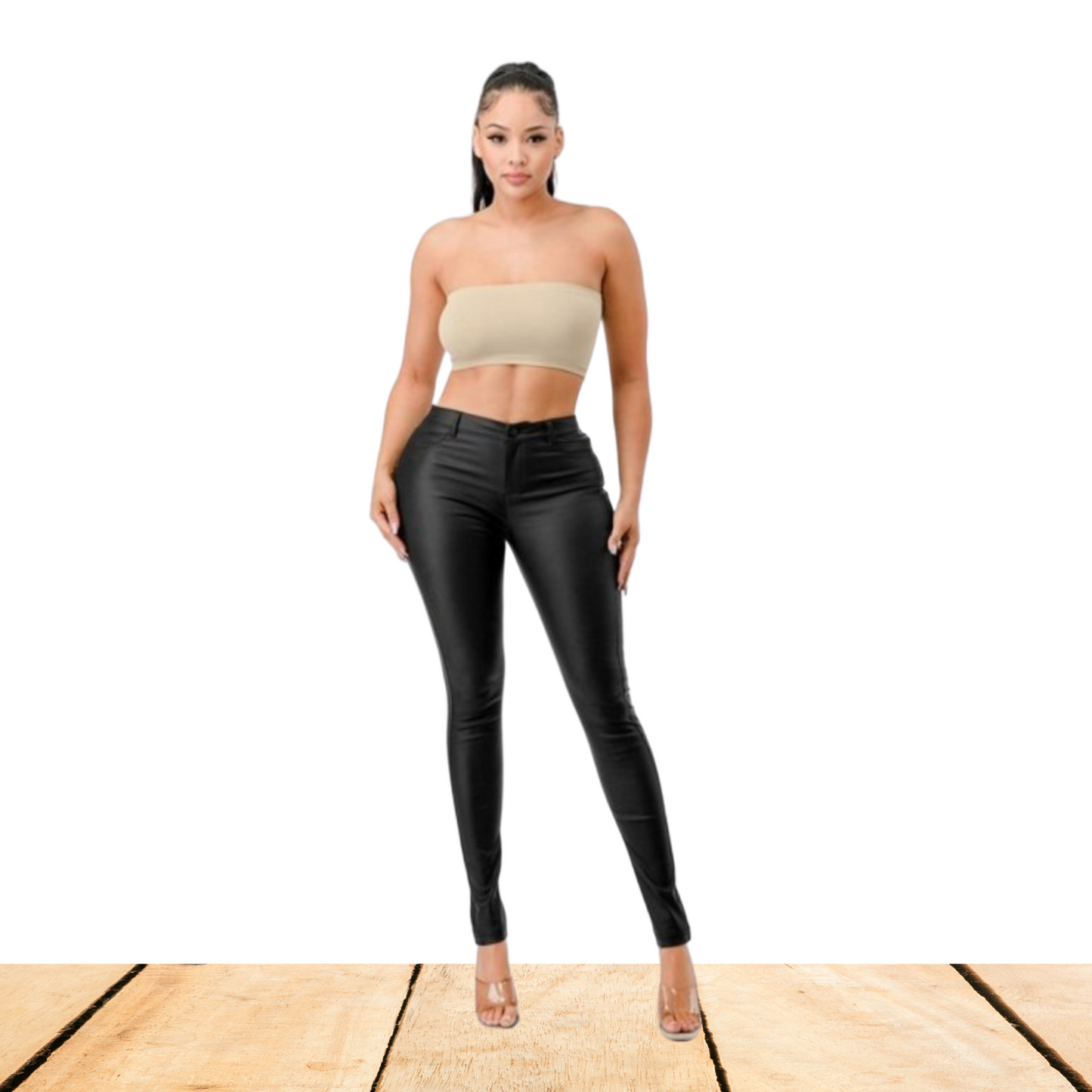 Classic Stretch PU Pant with Zipper Closure - Black